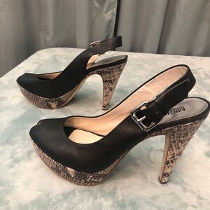 Michael Kors Heels Womens 8.5M Black Leather &‎ Snake Print Peep Toe Platform